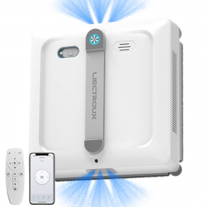 Vindusvaskerobot Liectroux S9 med 2 rullebørster, 6-veis vannpumpspray, børsteløs motor, 9 kPa sugekraft, rammeløs drift, 8 mikrobrytere, sikkerhetstau og strømkabel i ett, app- og fjernkontroll, stemmeveiledning